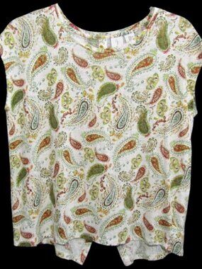 Joie 100% Linen Ivory Green Paisley Top Womens Size XL Button Back Cap Sleeves
